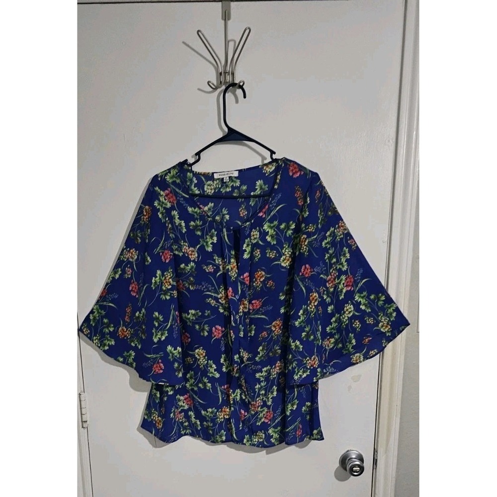 Rose & Olive Royal Blue 3/4 Bell Sleeves Blouse Top Size 1X Florals Boho Sheer